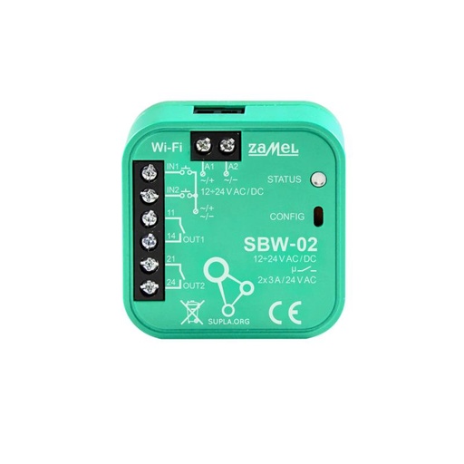 [ZMSBW02] RECETOR Wi-Fi AUTOMATISMO 2 CANAIS SUPLA 12-24Vdc/ac PARA CAIXA APARELHAGEM
